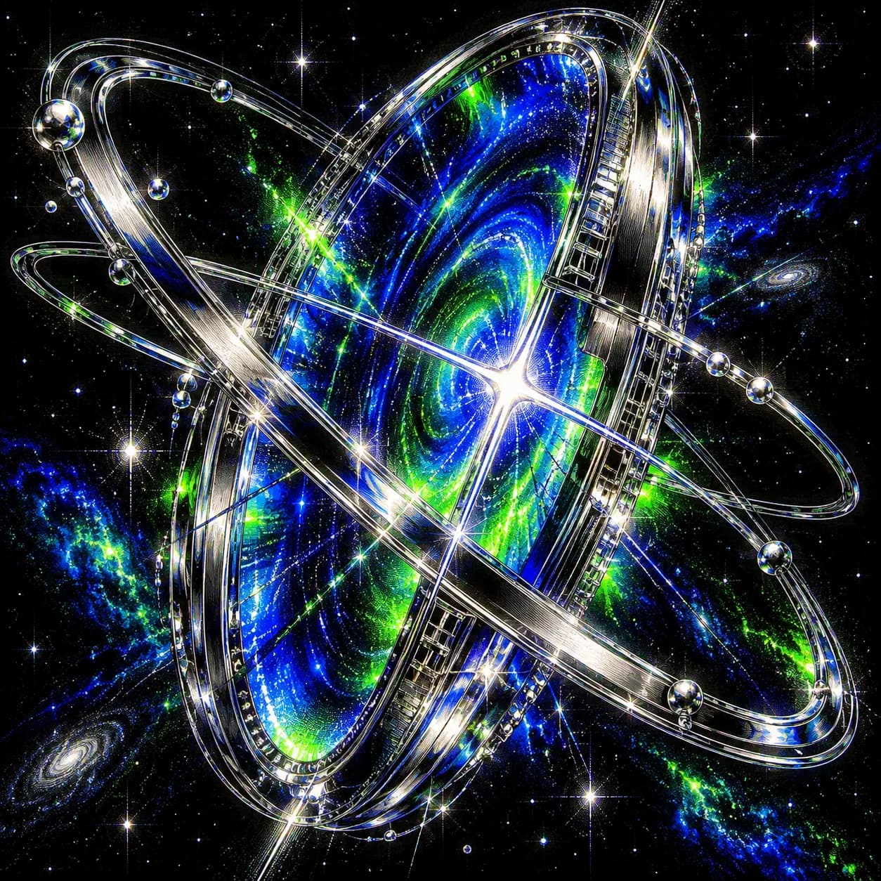 Chrome orbital rings around a blue and green spiral galaxy